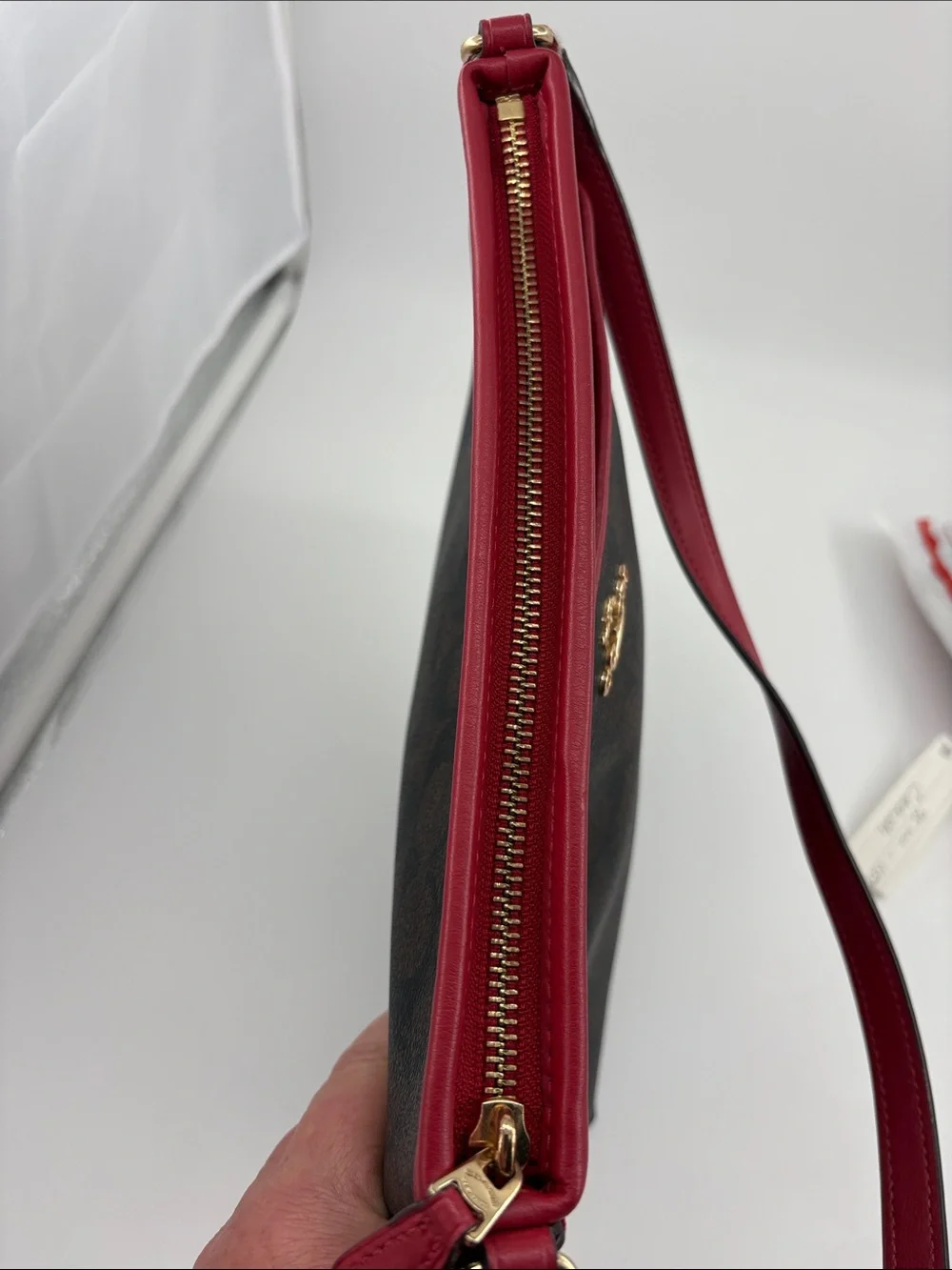 Coach Brown Signature Crossbody with Red Trim